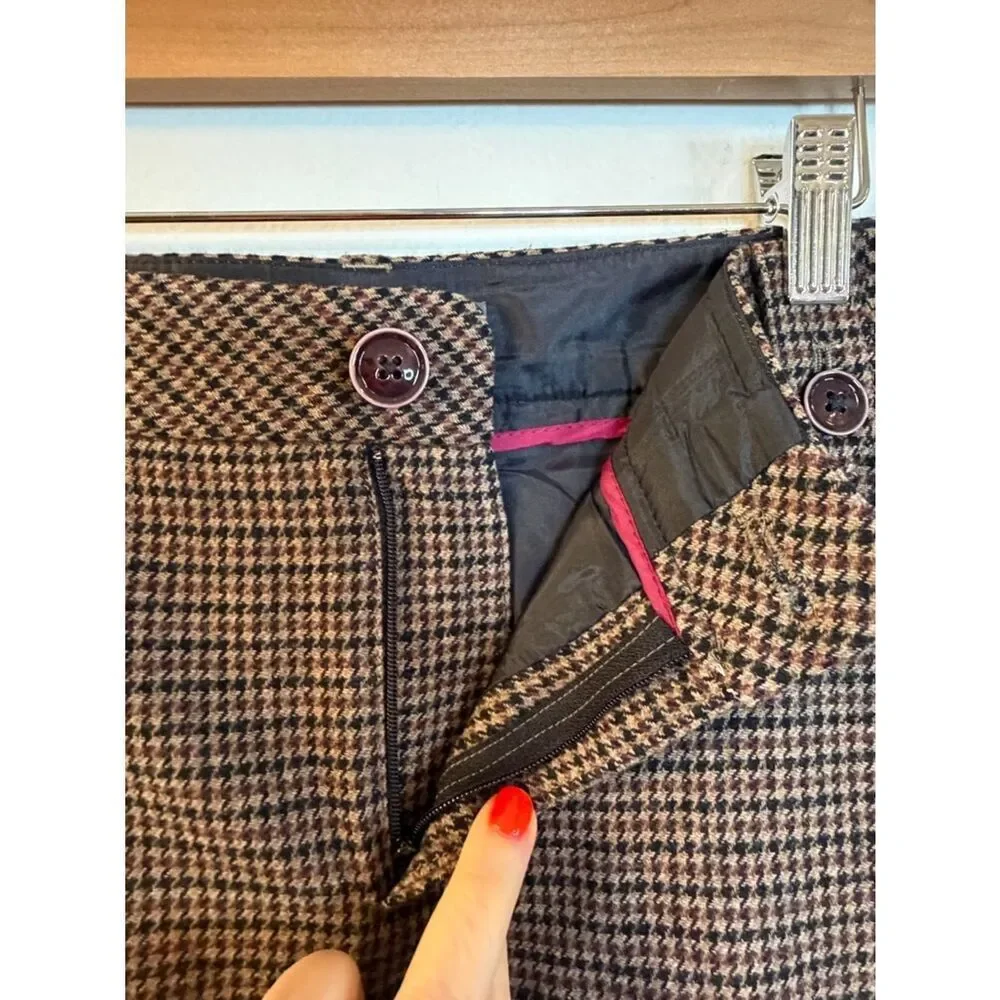 Eddie Bauer Skirt Wool Brown Houndstooth Fully Lined Front Zip Size 10 Pockets